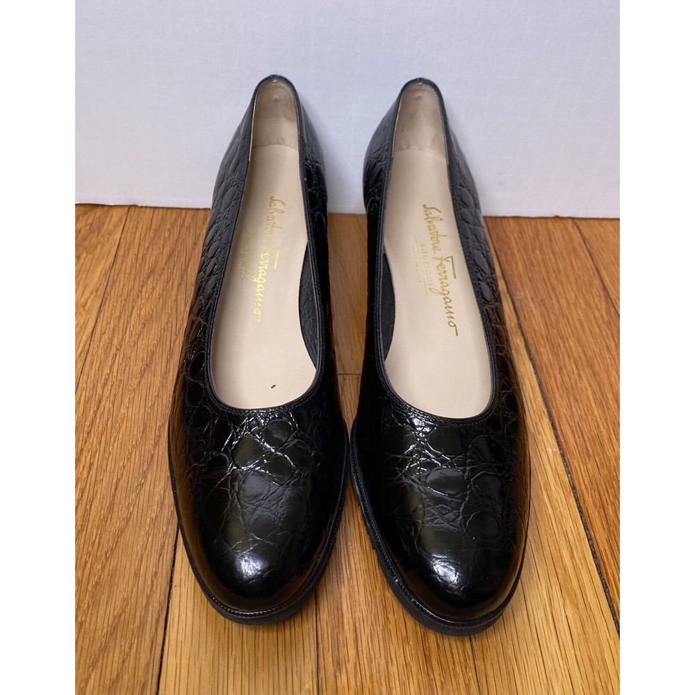 Salvatore Ferragamo Patten Black Croc-Effect Leather Block Heel Size 9 2A